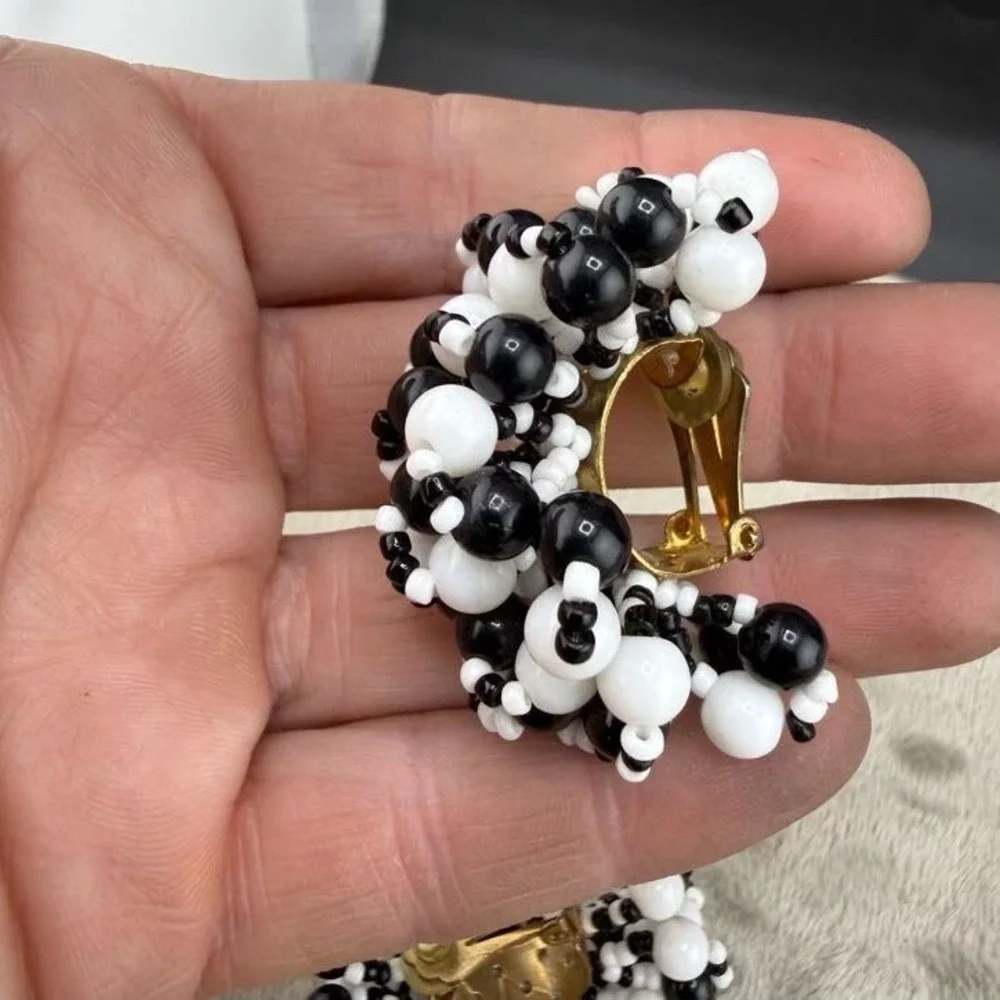 Vintage Estate Clip On Earrings Lot Black White Retro Beaded Dangle 3 Pairs